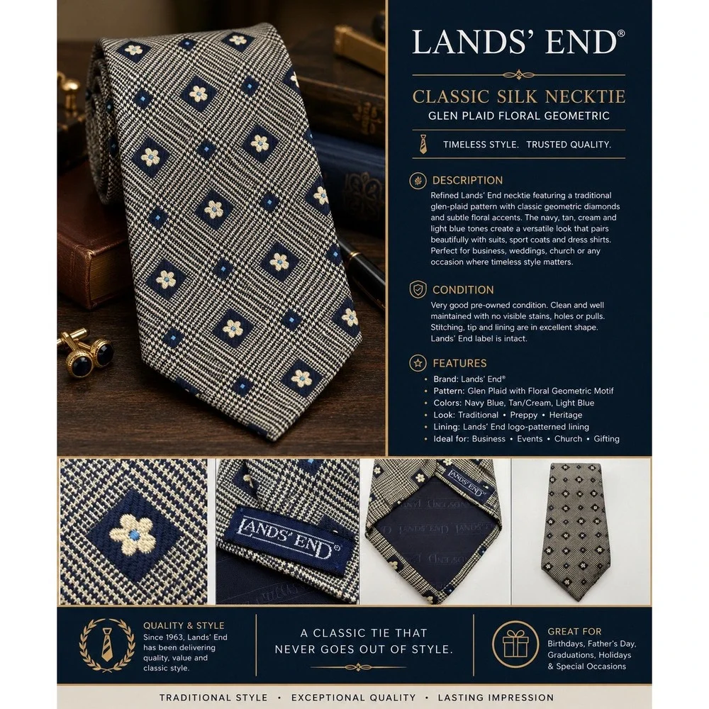 Lands' End Men's Silk Necktie Navy & Tan Glen Plaid Floral Geometric Classic Tie